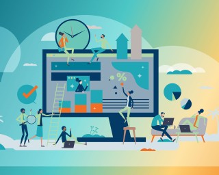 Illustration eines digitalen Arbeitsplatzes in einer Wolkenumgebung, mit verschiedenen Charakteren, die an Projekten arbeiten und Technologien nutzen.